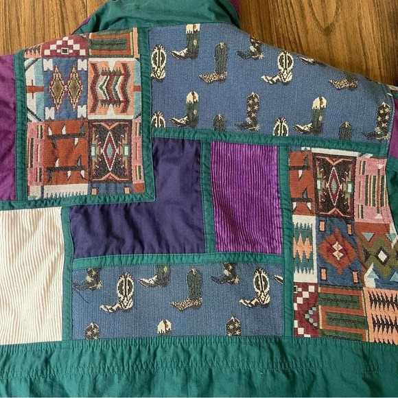 Izzi Vintage 80’s 90’s Western Cowboy Boots Patch Green Purple Jacket Size M - Picture 8 of 16